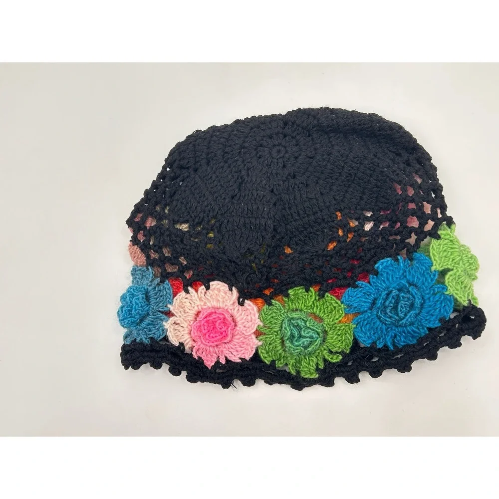 Handmade Crochet Floral Beanie Black Multicolor Boho 3D Flower Skull‎ Cap Hat